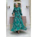 Bym Fashion Yaprak Desen Fırfır Detay Şifon Elbise 3842 Zümrüt - 46