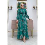 Bym Fashion Yaprak Desen Fırfır Detay Şifon Elbise 3842 Zümrüt - 48