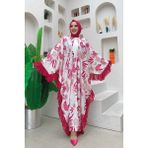 Bym Fashion Yaprak Desenli Şifon Fırfır Detaylı Yarasakol Elbise 3816 Fuşya - Standart