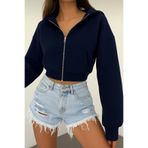 BYMEER Lacivert Kapşonlu Fermuarlı Crop Sweatshirt Hırka