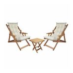 BYSAY AHŞAP KATLANABİLİR TAŞINIR PUF MİNDERLİ KOLLU ŞEZLONG. PLAJ, BAHÇE, TERAS, BALKON İÇİN 3 LÜ SET (KREM)