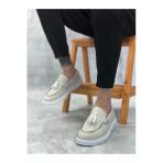 Byshoes Ba0005 Bağcıksız Yüksek Taban Klasik Keten Beyaz Püsküllü Erkek Ayakkabı