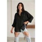 bysoca Kadın Siyah Pamuklu Oversize Fakir Kol Gömlek Yaka Geniş Kalıp Salaş Basic Gömlek Bluz