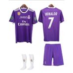 BySportakus Real Madrid 2017 Cardiff Şampiyonlar Ligi Finali Cristiano Ronaldo Çocuk Forması+Şort+Armalı Çorap 3'lü Set - 13 - 14 Yaş - Mor