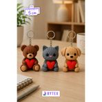 BytexStore Sevimli Kalp Tutan Hayvanlar Örgü Görünümlü 3'lü Anahtarlık Seti - Kedi, Köpek ve Ayıcık Çanta Süsü Charm