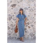 bytugcekaya Mavi Sıfır Kol Düğme Detay Denim Elbise