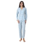 ca lia Kadın Çiçek Desenli Penye Süprem Pamuklu Kumaş Önden Düğmeli Gömlek Yaka Uzun Kollu Pijama Takımı (Mavi, XXL)