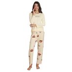 ca lia Kadın Milan Kumaş Ekru Ayıcık Desenli Bisiklet Yaka Uzun Kollu Pijama Takımı (Ekru, XL)