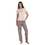 ca lia Kadın Milan Kumaş Leopar Desen Bisiklet Yaka Kısa Kollu Pijama Takımı (Ekru, XL)