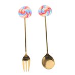 Cabilock 2 Takım dondurma kaşığı kahve karıştırma kaşığı iştah açıcı pasta çatalı sofra takımı lolipoplar tatma kaşıkları tatlı kaşıkları Karikatür meyve çatalı Metal