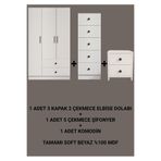 CABİNSE%100 MDF 3 KAPAKLI ELBİSE DOLABI + 5 ÇEKMECE ŞİFONYER + KOMİDİN TAKIM Beyaz