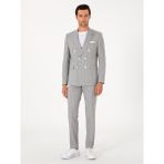 Cacharel Erkek Açık Gri Slim Fit %100 Yün Çizgili Kruvaze Takım Elbise 50306346-VR001 - 48 - 6 Drop