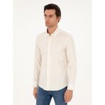 Cacharel Erkek Bej Slim Fit Çizgili Keten Karışımlı Gömlek 50291332-VR011