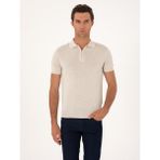 Cacharel Erkek Ekru Slim Fit Keten Karışımlı Fermuarlı Polo Yaka Triko T-Shirt 50300822-VR019 - 2XL