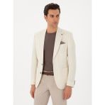 Cacharel Erkek Ekru Slim Fit Yün Keten Karışımlı Çizgili Kırlangıç Yaka Ceket 50300075-VR019 - 52