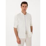 Cacharel Erkek Haki Regular Fit Keten Karışımlı Çizgili Gömlek 50300578-VR027 - 2XL