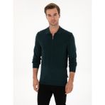 Cacharel Erkek Koyu Yeşil Regular Fit Yün Karışımlı Fermuarlı Polo Yaka Triko Kazak 50311854-VR079 - 2XL