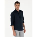 Cacharel Erkek Lacivert Slim Fit Yarım Düğmeli %100 Keten Gömlek 50288732-VR033 - XL