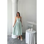 Caddebostan Moda Boyundan Bağlamalı Keten Elbise Retro Model Kloş Kesim Midi Boy Yazlık Elbise