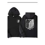 caddekombin AOT Keşif Birliği Arka Göğüs Baskılı Kapüşonlu Cepli İçi Yünlü Siyah Sweatshirt