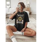CADDEKOMBIN Ay Evreleri ve Çiçek Figürlü Mistik T-shirt, L, cadde-072, Siyah, Kadın