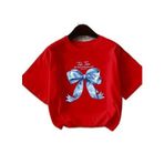 CADDEKOMBIN Büyük Mavi Kurdele Detaylı T-shirt, 2XL, cadde-059, Kırmızı, Kadın