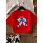 CADDEKOMBIN Büyük Mavi Kurdele Detaylı T-shirt, L, cadde-059, Kırmızı, Kadın