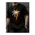 caddekombin Büyük Palmiye Ağacı Baskılı Pamuk Penye Yuvarlak Yaka Siyah T-shirt