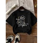 CADDEKOMBIN Çiçek Grafik Baskılı Bisiklet Yaka T-shirt, L, cadde-032, Siyah, Kadın