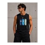 caddekombin Erkek Palmiye Desenli Sıfır Kol Yuvarlak Bisiklet Yaka Siyah Spor Tişört / Tshirt