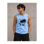 caddekombin Erkek Yaz Temalı Palmiye ve Deniz Baskılı Sıfır Kol Yuvarlak Bisiklet Yaka Mavi Tişört / Tshirt