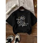 CADDEKOMBIN Gold Çerçeveli Çiçek Baskılı T-shirt, M, cadde-010, Siyah, Kadın