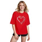 CADDEKOMBIN Işıltılı Yıldız Detaylı Bisiklet Yaka T-shirt, L, cadde-039, Kırmızı, Kadın