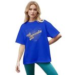 CADDEKOMBIN Işıltılı Yıldız Noktalı Detaylı Bisiklet Yaka Saks T-shirt, L, cadde-056, Mavi, Kadın