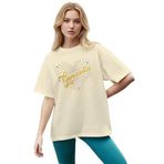 CADDEKOMBIN Işıltılı Yıldız Noktalı Detaylı Bisiklet Yaka T-shirt, L, cadde-056, Bej, Kadın