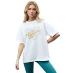 CADDEKOMBIN Işıltılı Yıldız Noktalı Detaylı Bisiklet Yaka T-shirt, L, cadde-056, Beyaz, Kadın