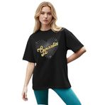 CADDEKOMBIN Işıltılı Yıldız Noktalı Detaylı Bisiklet Yaka T-shirt, L, cadde-056, Siyah, Kadın