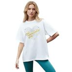 CADDEKOMBIN Işıltılı Yıldız Noktalı Detaylı Bisiklet Yaka T-shirt, S, cadde-056, Beyaz, Kadın