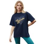 CADDEKOMBIN Işıltılı Yıldız Noktalı Detaylı Bisiklet Yaka T-shirt, S, cadde-056, Lacivert, Kadın