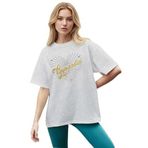 CADDEKOMBIN Işıltılı Yıldız Noktalı Detaylı Bisiklet Yaka T-shirt, XL, cadde-056, Gri, Kadın