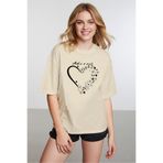 caddekombin Kadın Işıltılı Yıldız Detaylı Bisiklet Yaka Bej T-shirt