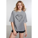 caddekombin Kadın Işıltılı Yıldız Detaylı Bisiklet Yaka Gri T-shirt