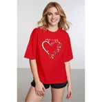 caddekombin Kadın Işıltılı Yıldız Detaylı Bisiklet Yaka Kırmızı T-shirt