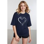 caddekombin Kadın Işıltılı Yıldız Detaylı Bisiklet Yaka Lacivert T-shirt