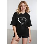 caddekombin Kadın Işıltılı Yıldız Detaylı Bisiklet Yaka Siyah T-shirt