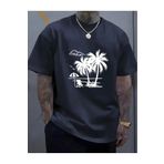 caddekombin Palmiye Ağacı Şemsiyeli Baskılı Pamuk Yuvarlak Yaka Lacivert T-shirt