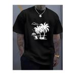caddekombin Palmiye Ağacı Şemsiyeli Baskılı Pamuk Yuvarlak Yaka Siyah T-shirt