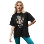 CADDEKOMBIN Portre Baskılı Çiçek Detaylı T-shirt, S, cadde-073, Siyah, Kadın