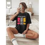 CADDEKOMBIN Renkli Çiçek Baskılı Motivasyon T-shirt, XL, cadde-009, Siyah, Kadın