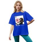 CADDEKOMBIN Retro Şapka Baskılı Yuvarlak Yaka Saks T-shirt, 2XL, cadde-031, Mavi, Kadın
